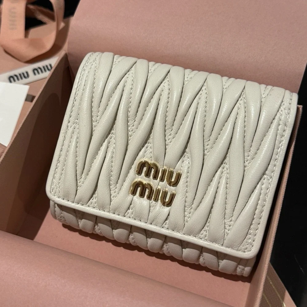 Miu Miu Ivory Matelassé Leather Compact Wallet with Gold Logo